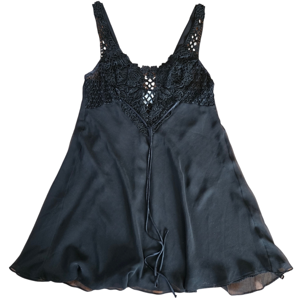 Flora Nikrooz Vintage‎ Chiffon Lace Babydoll Night Gown Lingerie Medium Black